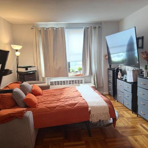 a bedroom with a bed and a flat screen tv at Welcome to New Rochelle Studio in New Rochelle