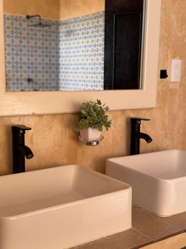 a bathroom with a white sink and a mirror at Coronaditos 2-Bedroom Appartment in Colonos in Valladolid
