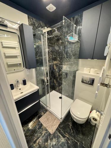 a bathroom with a shower and a toilet and a sink at 2 pokojowy apartament in Dąbki