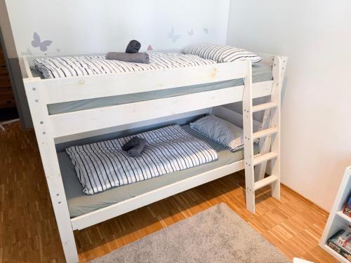 a bunk bed with pillows and a cat on the bottom bunk at NOVA Solis I Bright Escape near Cologne I 100 sqm and Large Terrace in Hürth