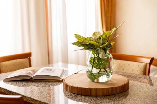 a vase filled with plants on a table with a book at Hotel & Residence Venezia 2000 in Venice-Lido