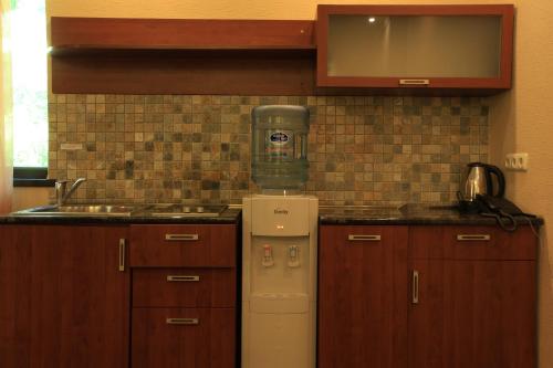 a kitchen with a white refrigerator and a sink at Dilijan Park Resort & Villas in Dilijan