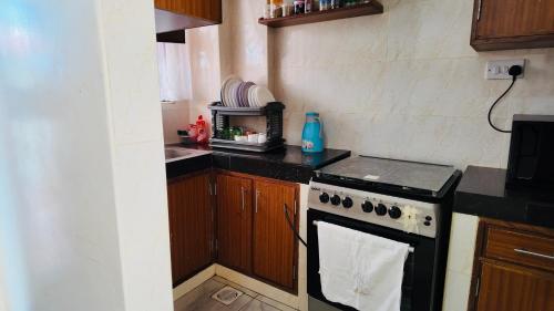 a kitchen with a stove and a counter top at Penthouse Living Mombasa in Mombasa