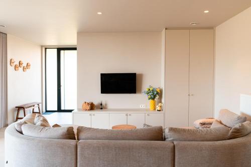 a living room with a couch and a tv at VAKANTIEDOMEIN DOUVE in Heuvelland