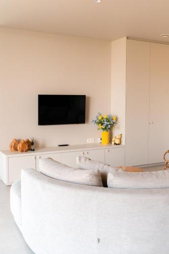 a living room with a tv and a couch at VAKANTIEDOMEIN DOUVE in Heuvelland