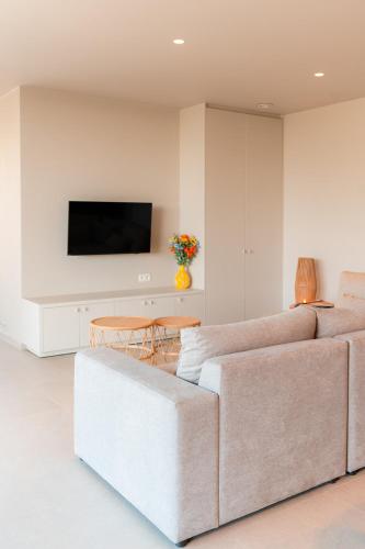 a living room with a couch and a tv at VAKANTIEDOMEIN DOUVE in Heuvelland
