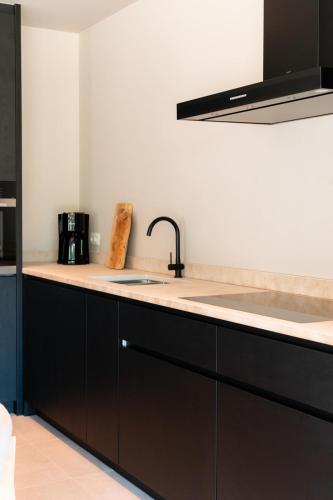 a kitchen with black cabinets and a sink at VAKANTIEDOMEIN DOUVE in Heuvelland