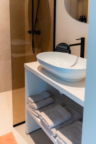 a bathroom with a sink and towels on a shelf at VAKANTIEDOMEIN DOUVE in Heuvelland