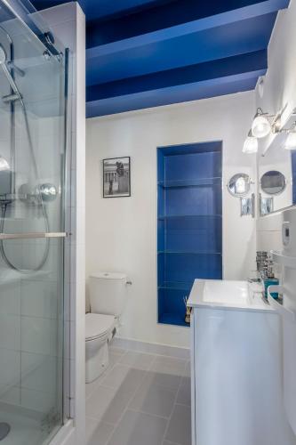 a bathroom with a blue ceiling and a toilet and a shower at Le Post-Rétro, hyper centre, avec parking gratuit et ascenseur in Angoulême