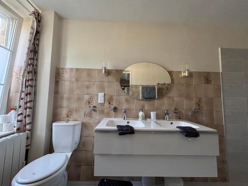 a bathroom with a toilet and a sink and a mirror at Les continents maison spacieuse 4 belles chambres parking privatif terrasse à 5 mn à pied tous commerces et 20 mn plage Omaha Beach et à 15 mn de Bayeux in Le Molay-Littry