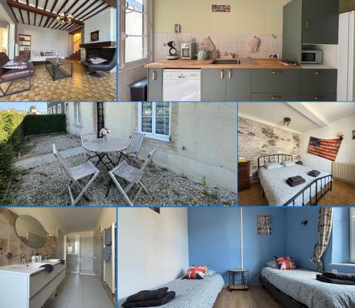 a collage of photos of a kitchen and a house at Les continents maison spacieuse 4 belles chambres parking privatif terrasse à 5 mn à pied tous commerces et 20 mn plage Omaha Beach et à 15 mn de Bayeux in Le Molay-Littry