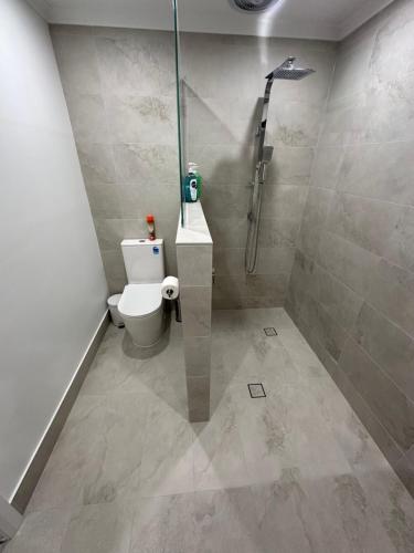 a bathroom with a shower and a toilet at Central Cullen Wagga Apartments in Wagga Wagga