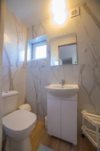 a bathroom with a white toilet and a sink at Pokoje gościnne Marii - dawne ILSE in Rowy