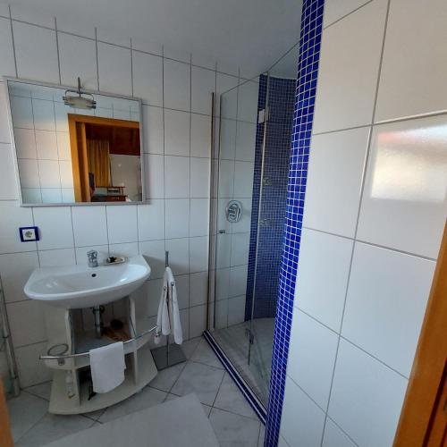 a bathroom with a sink and a shower at Das Wasserhaus - für Zwei in Gersdorf