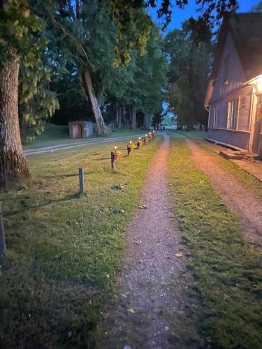 a dirt road with a row of lights in the grass at Lauku viesu māja Bajāri in Rucava