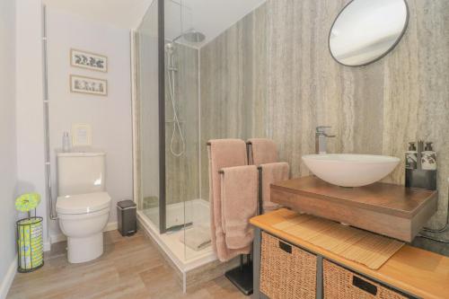 a bathroom with a sink and a toilet and a mirror at Gorgeous rural dog welcoming Milk Churn - Suffolk in Eye