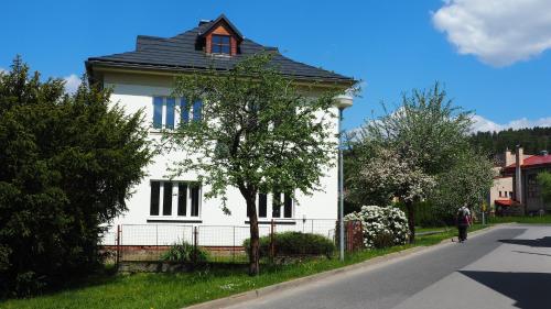 a white house with a black roof on a street at Holiday House Malá Skála in Malá Skála
