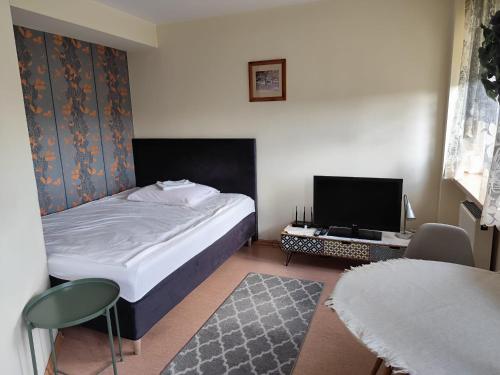 a small bedroom with a bed and a tv at Gosciniec Tombor in Katowice