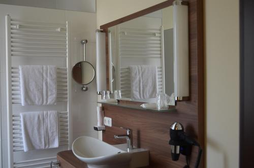 a bathroom with a sink and a mirror at Hotel Isenbütteler Hof in Isenbüttel