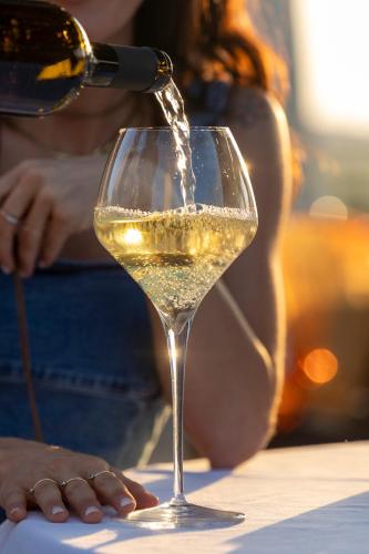 a person pouring white wine into a wine glass at Grand Hotel Forlì in Forlì