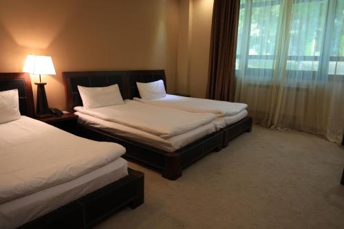 a hotel room with two beds and a window at Dilijan Park Resort & Villas in Dilijan