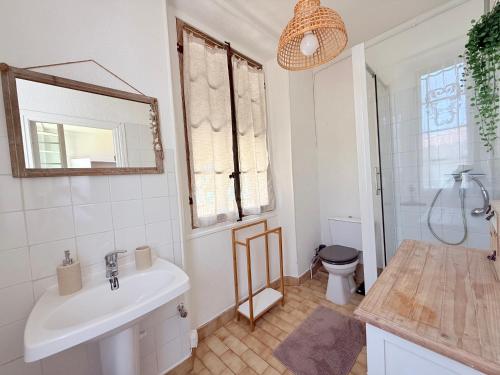 une salle de bain avec un lavabo, des toilettes et un miroir dans l'établissement Typical Niçois apartment in the heart of old town, à Nice