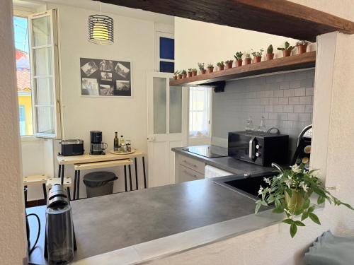 une cuisine avec un évier et un plan de travail dans l'établissement Typical Niçois apartment in the heart of old town, à Nice