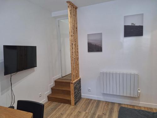 sala de estar con espejo en la pared en Grand T2 lumineux 2 pers Olivet Avenue Loiret, en Olivet