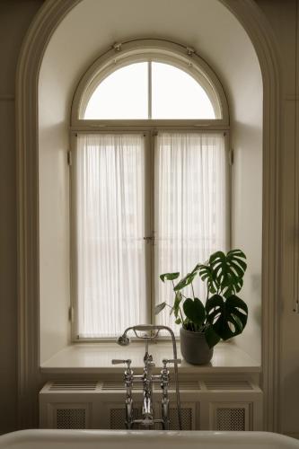 a window with a potted plant next to a sink at Stockholm Stadshotell in Stockholm