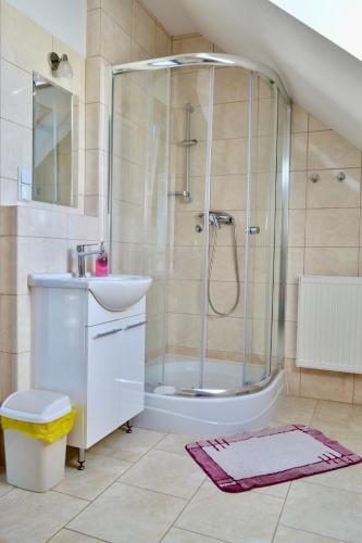 a bathroom with a shower and a sink at Pokoje Sobie na Wyspie in Gdańsk