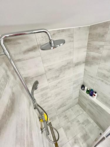 a shower with a shower head in a bathroom at 2 bedroom self-contained apartment and swimming pool at Palm Tree Villa in Anavissos
