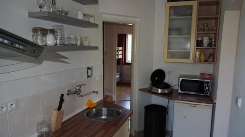 a small kitchen with a sink and a microwave at Holiday House Malá Skála in Malá Skála