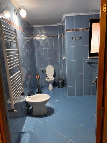 a blue tiled bathroom with a toilet and a sink at Vila Ovi Salin in Turda
