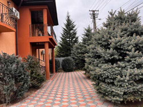 a brick walkway in front of a building with christmas trees at Vila Ovi Salin in Turda