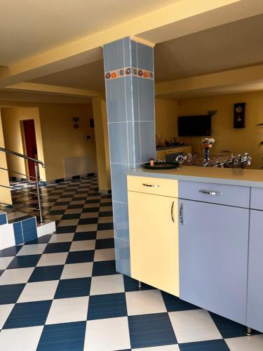 a kitchen with a checkered floor at Vila Ovi Salin in Turda
