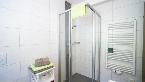 a shower with a glass door in a bathroom at Huberbauer in Johnsbach