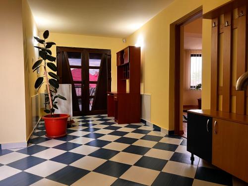 a kitchen with a black and white checkered floor at Vila Ovi Salin in Turda