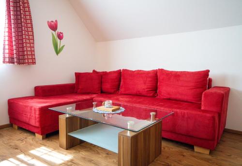 a red couch in a living room with a glass table at Huberbauer in Johnsbach