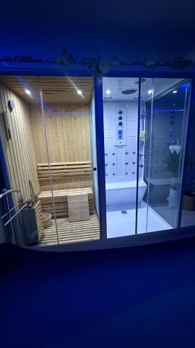 une salle de bain avec douche et porte vitrée dans l'établissement MezzaLoft, appartement 78m2, à Saint-Pierre