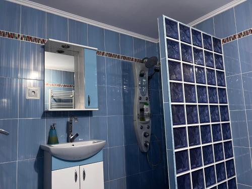 a blue tiled bathroom with a sink and a shower at Vila Ovi Salin in Turda