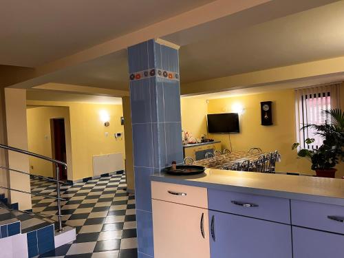 a kitchen with yellow walls and a checkered floor at Vila Ovi Salin in Turda