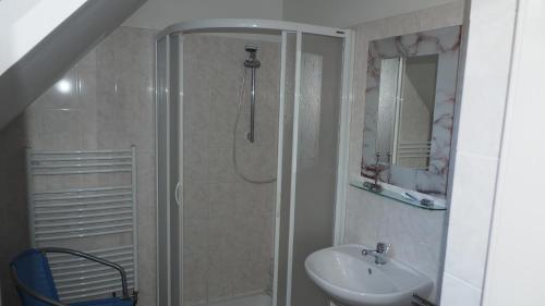 a bathroom with a shower and a sink at Holiday House Malá Skála in Malá Skála