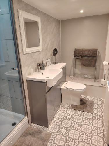 a bathroom with a sink and a toilet and a shower at The Wheatsheaf in Salisbury