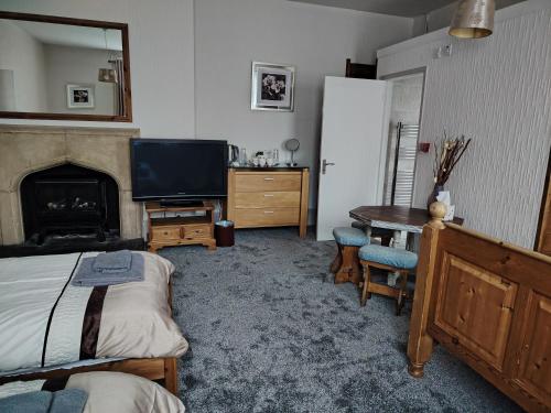 a living room with a bed and a television and a table at The Wheatsheaf in Salisbury