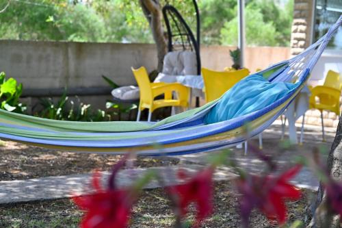 a blue hammock in a yard with chairs and flowers at House Ana in Banj