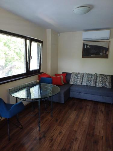 a living room with a blue couch and a glass table at Villa Villekulla in Chukovezer