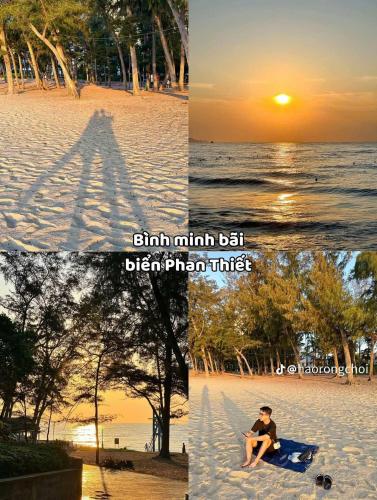 a collage of photos of a beach with the sun setting at Hoàng Nga 2 Homestay in Phan Thiet