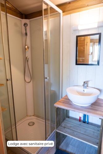 une salle de bain avec un lavabo et une douche dans l'établissement Camping Routes du Monde ATC La Hume-Arcachon, à Gujan-Mestras