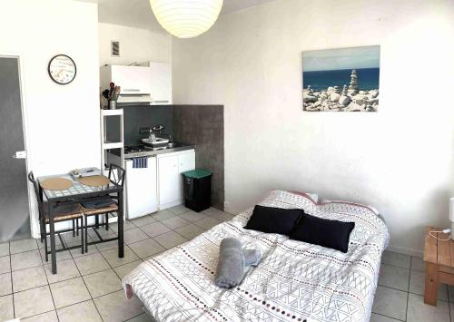 une chambre avec un lit et une table et une cuisine dans l'établissement Studio PLEUMEUR, à Chambéry