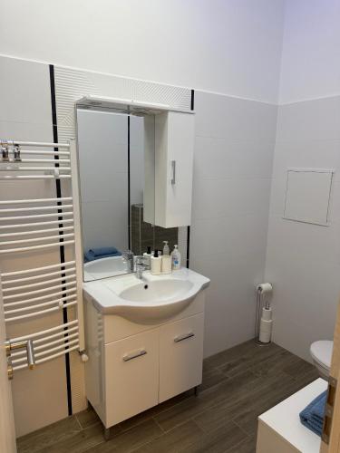 a bathroom with a sink and a mirror at Biztos Kuckó in Szeged